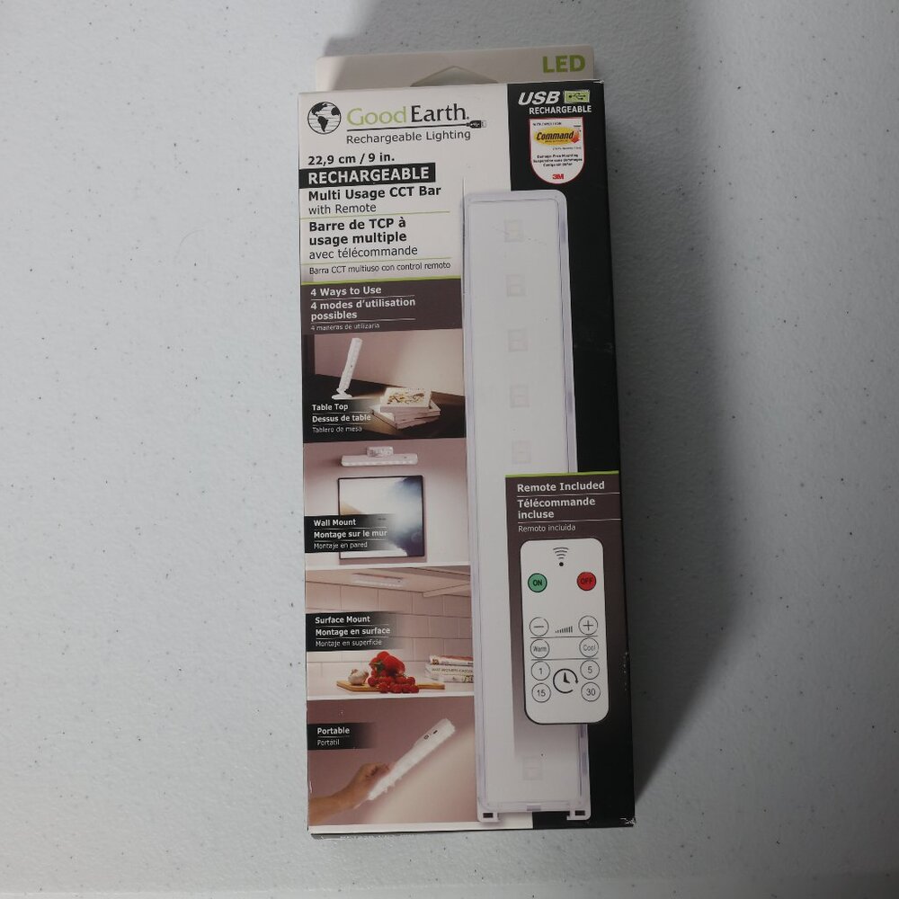 Good Earth 9" Rechargeable USB Plug-In LED Under-Cabinet Light Bar | Remote NIB